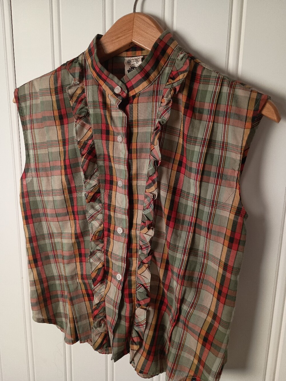 60's You Babes- Plaid Ruffle Button-Up Sleeveless Top- Size M